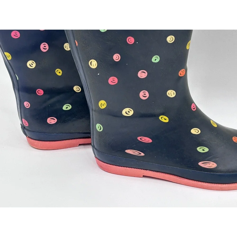 Navy Blue Smiley Face Polka Dot Rubber Rain Boots Pink Sole Kids Size 3